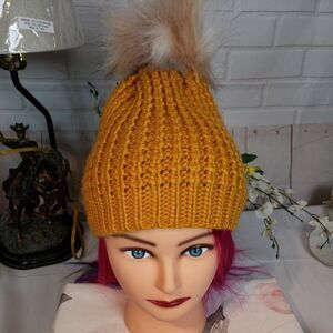 Cute Women's Chunky Knit Mustard Beanie Pompom Hat Toboggan